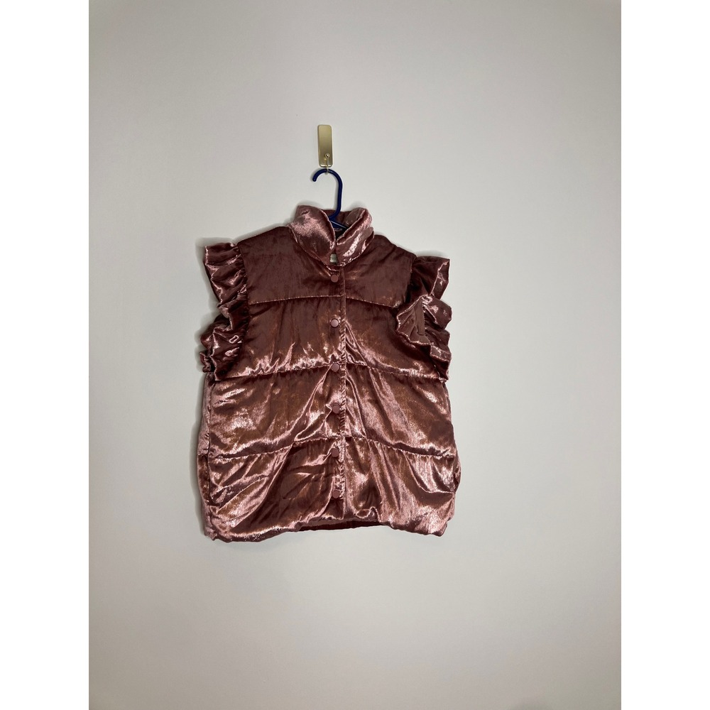 Grace + Emma Puffer Vest Women L Mauve Pink New Metallic Velvet Ruffle Trim